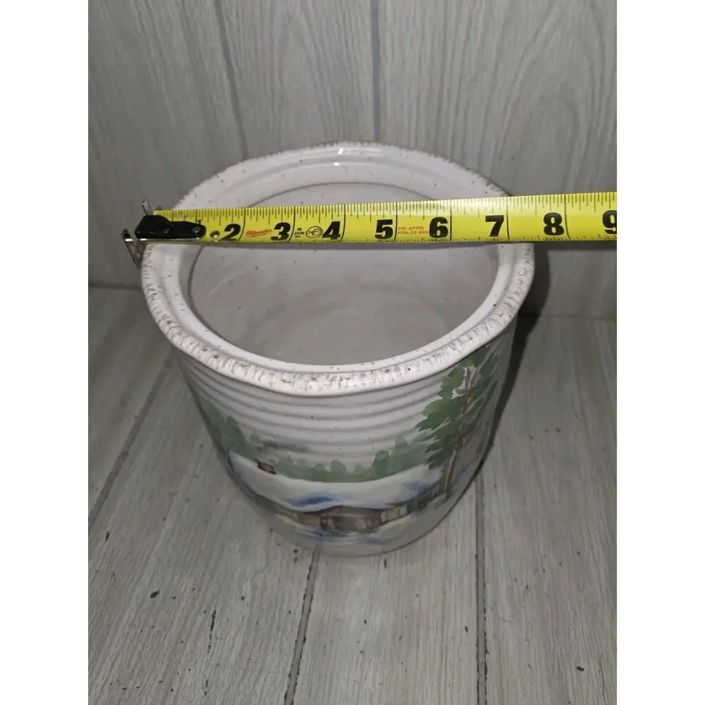 St. Nicholas Square Winter White Country Croc Jar Forest Cabin Deer Planter